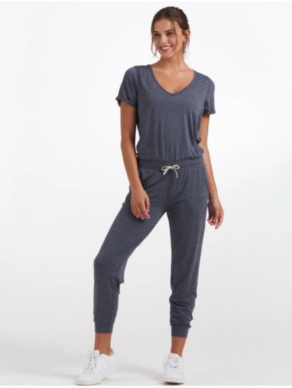 Vuori All Day Jumpsuit Heather Gray V-Neck Minimalist Lounge Estimated LG